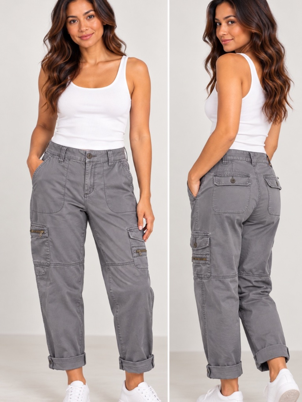Garnet Hill Cotton Stretch Cargo Capri/Cropped Charcoal Gray Pants